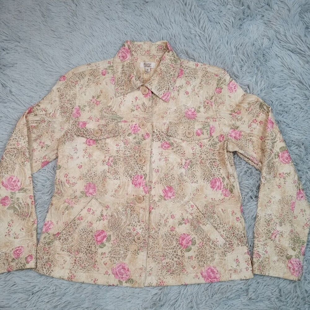 Baxter & Wells Jacket Womens S Beige Pink‎ Floral Lightweight Pockets Button Up